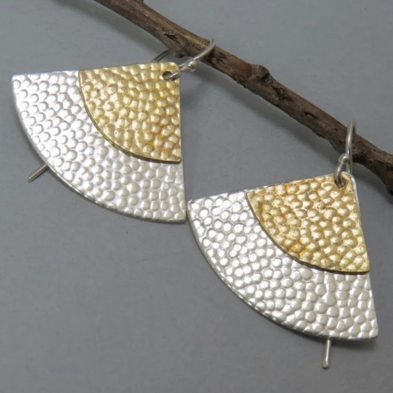 Vintage Two-Tone Fan-Shaped Earrings with Hammer Texture